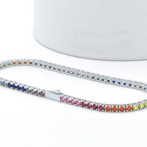 925 Silver Round Rainbow Sapphire Dainty Bracelet